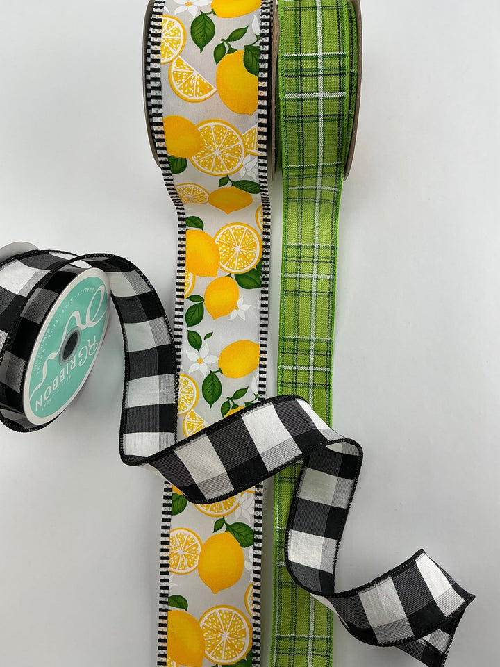 Black And White Lemon bow bundle x 3 ribbons - Greenery MarketWired ribbonLemonplaidX3