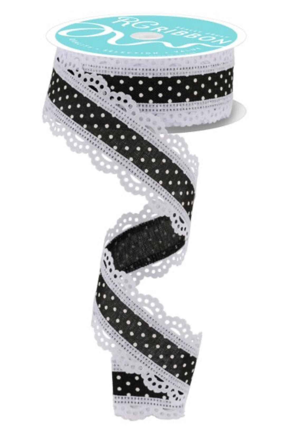 Black And White Swiss Dot With Lace Wired Ribbon 1.5” - Greenery MarketRibbons & TrimRG0886902