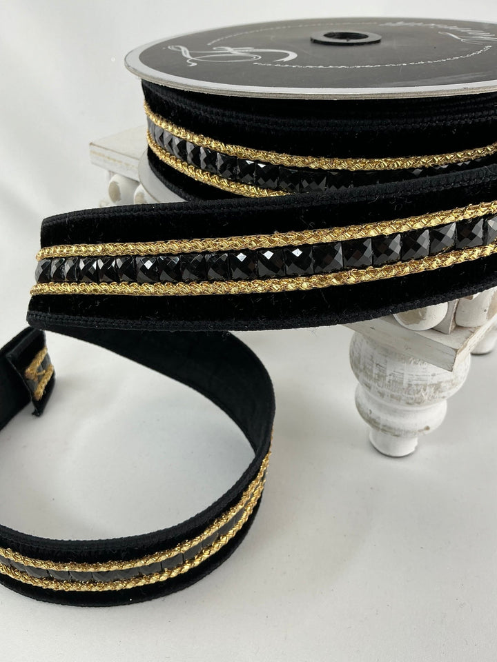 Black velvet jewelry gemstones 1.5” farrisilk wired ribbon - Greenery MarketRibbons & TrimRG250 - 92