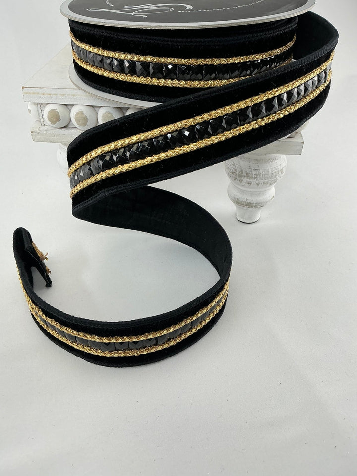 Black velvet jewelry gemstones 1.5” farrisilk wired ribbon - Greenery MarketRibbons & TrimRG250 - 92
