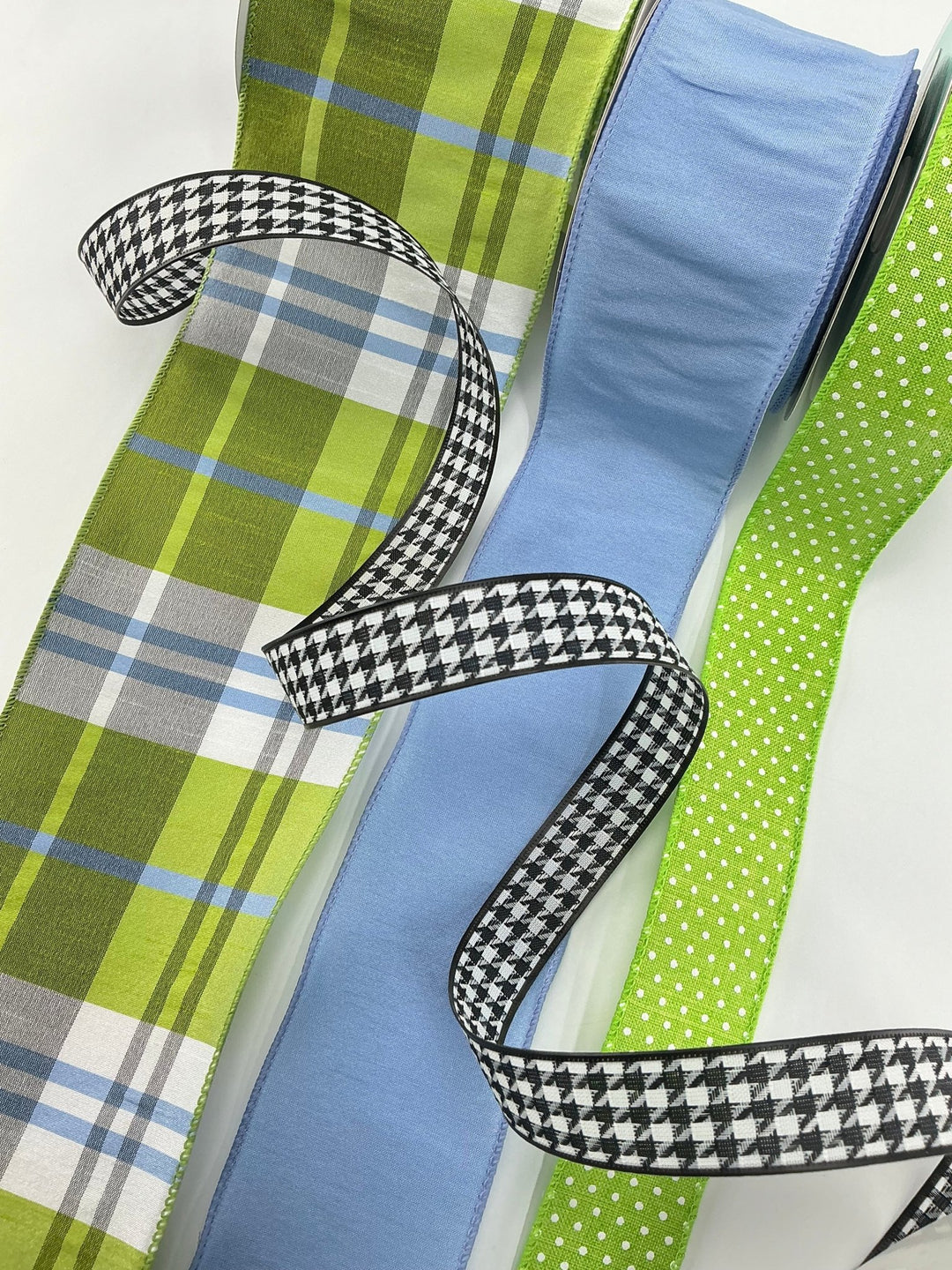 Blue and green plaid bow bundle x 4 wired ribbons - Greenery MarketWired ribbonGreenplaidX4