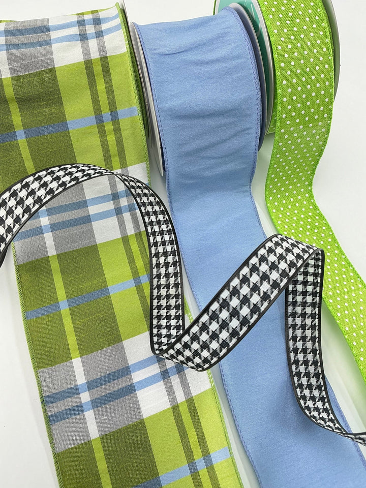 Blue and green plaid bow bundle x 4 wired ribbons - Greenery MarketWired ribbonGreenplaidX4
