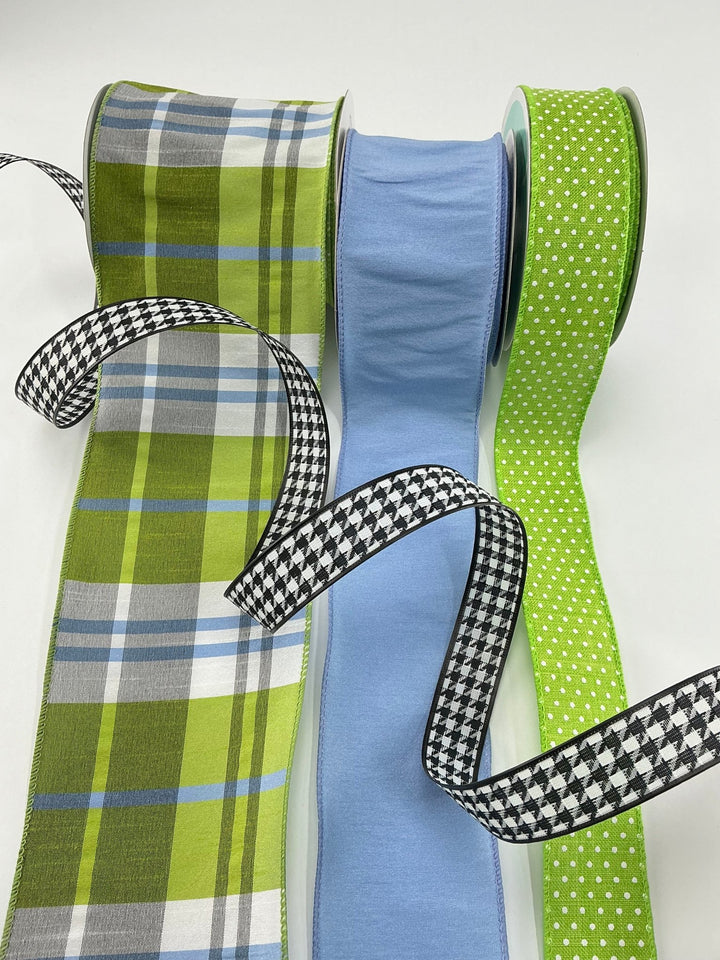 Blue and green plaid bow bundle x 4 wired ribbons - Greenery MarketWired ribbonGreenplaidX4