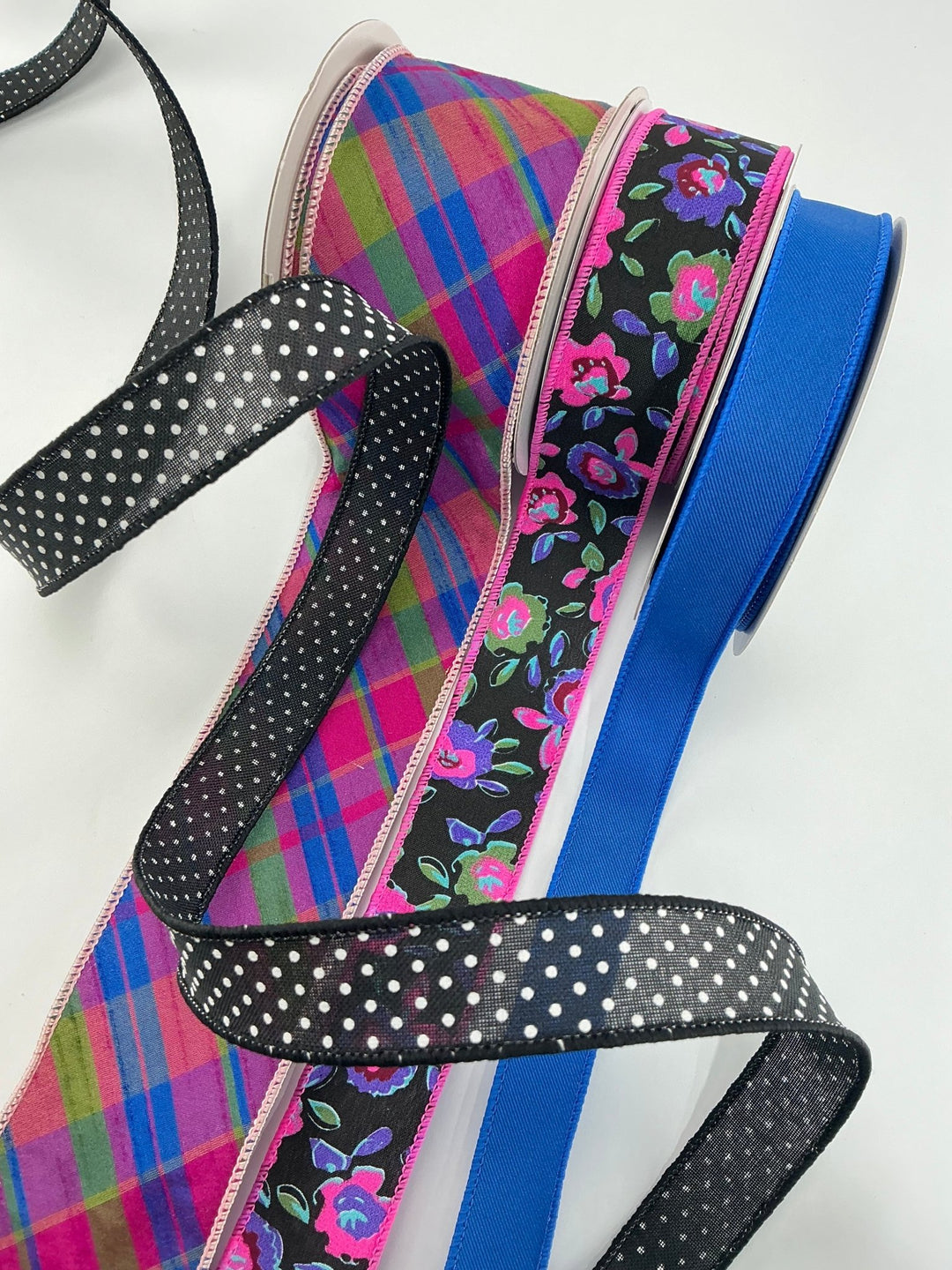 Blue and purple plaid bow bundle x 4 wired ribbons - Greenery MarketWired ribbonBluePurplePlaidX4
