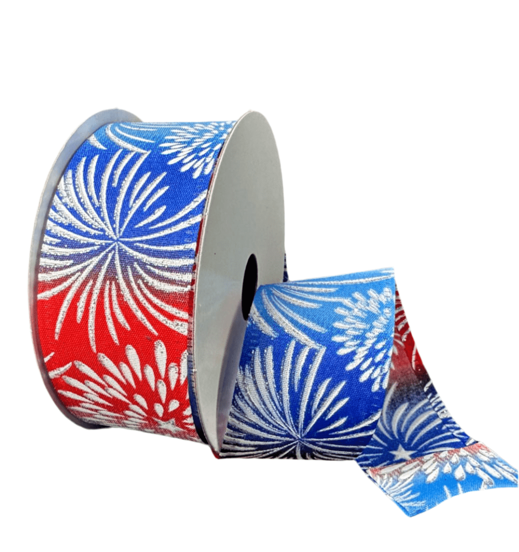 Blue And Red Fireworks 1.5” Wired Ribbon - Greenery Marketwired ribbon46505 - 09 - 04