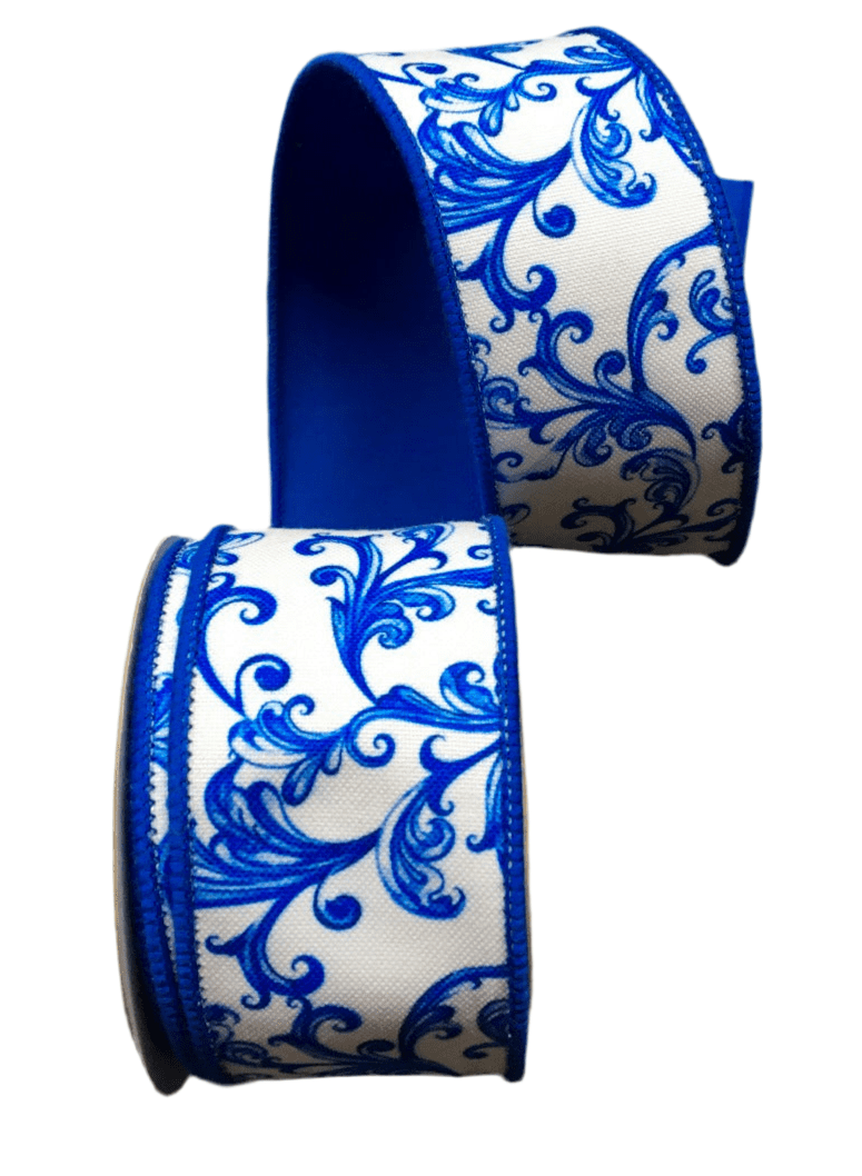 Blue And White Acanthus Print Dupion Ribbon - Greenery Market249658