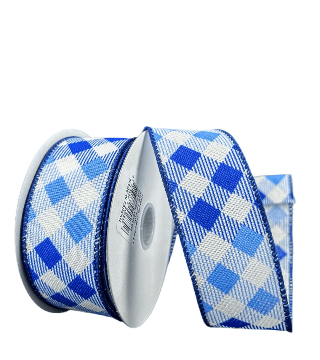 Blue And White Diamond Wired Ribbon - Greenery Marketwired ribbon42464 - 09 - 27