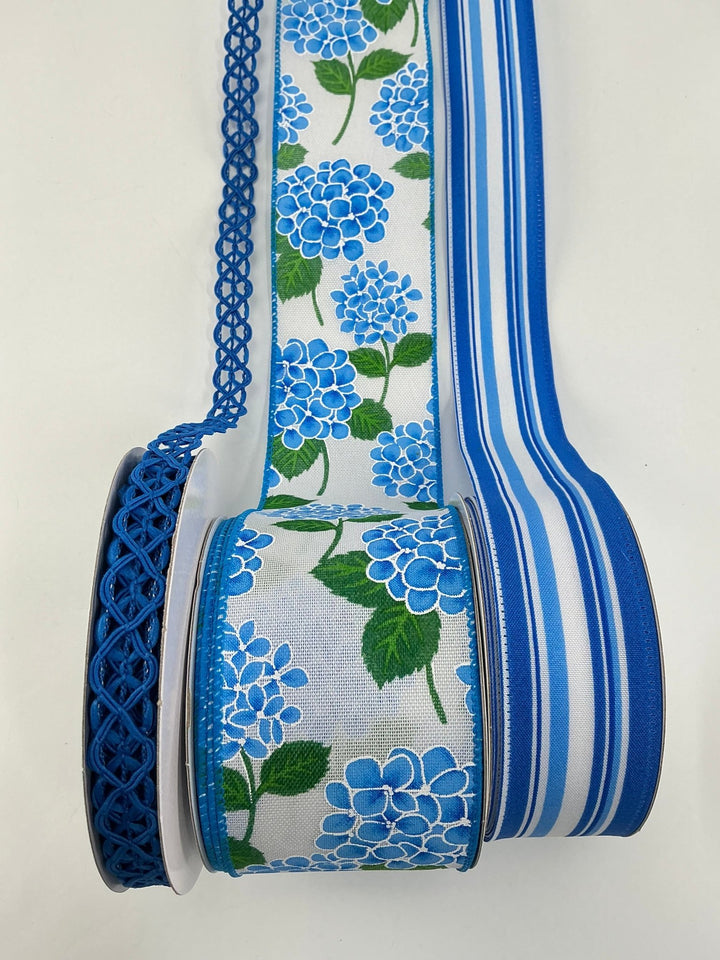 Blue and White Hydrangea bow bundle x 3 wired ribbons - Greenery MarketWired ribbonBluewhitehydrangeaX3