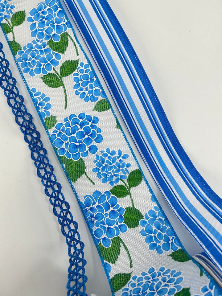 Blue and White Hydrangea bow bundle x 3 wired ribbons - Greenery MarketWired ribbonBluewhitehydrangeaX3