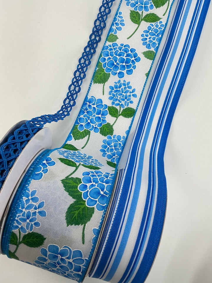Blue and White Hydrangea bow bundle x 3 wired ribbons - Greenery MarketWired ribbonBluewhitehydrangeaX3