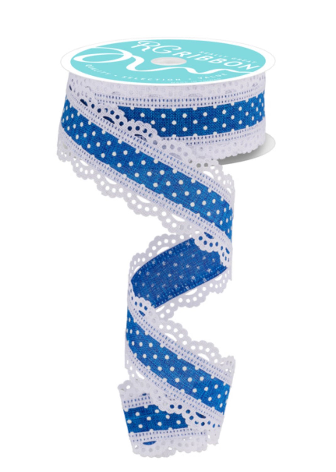 Blue And White Swiss Dot With Lace Wired Ribbon 1.5” - Greenery MarketRibbons & TrimRG0886925