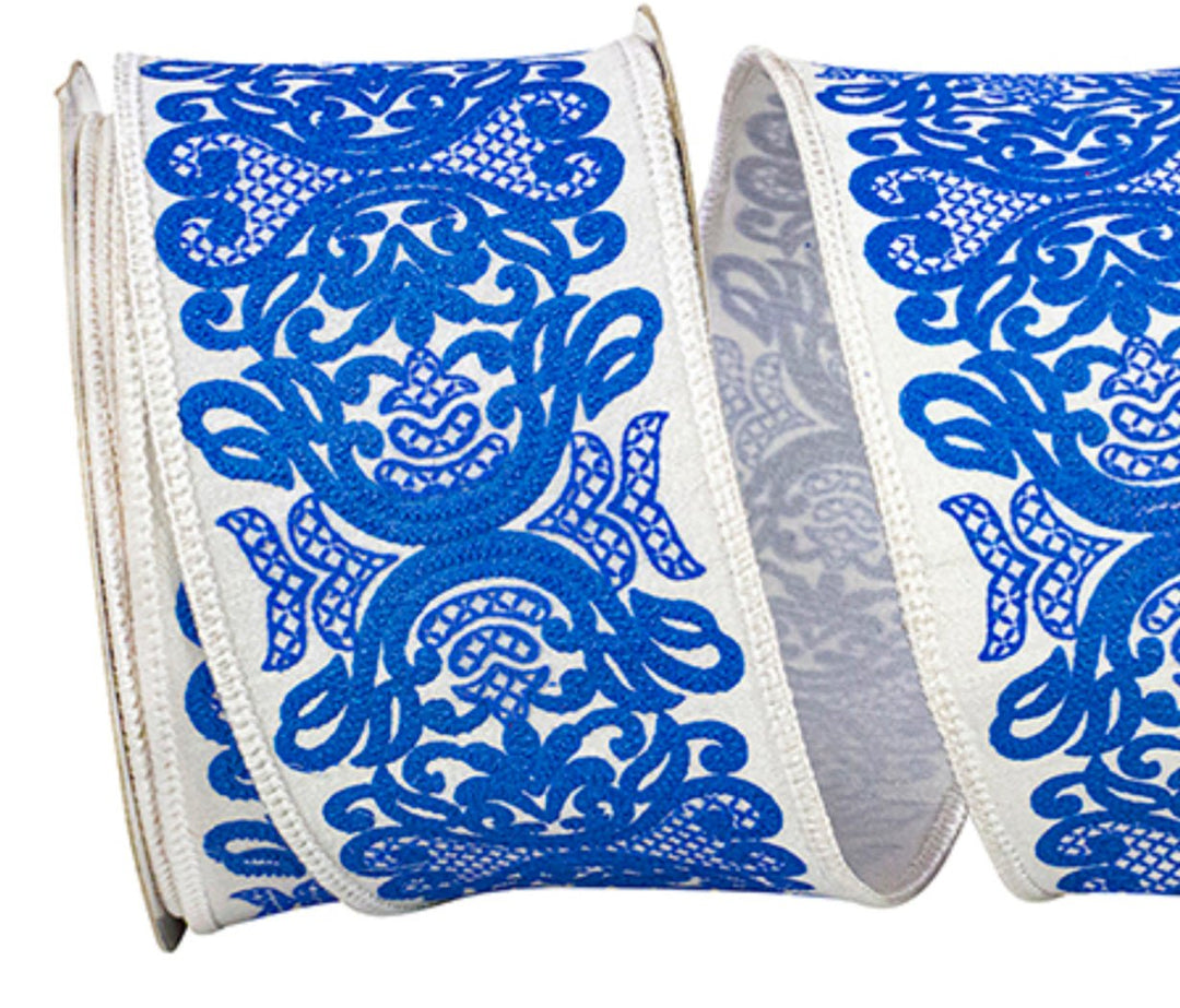 Blue Filigree Chinoiserie Wired Ribnon - Greenery Market93861W - 685 - 40F