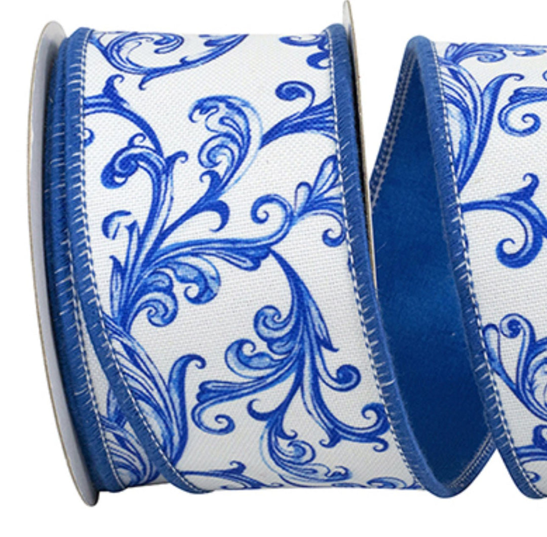 Blue Scroll Teracotta Print Wired Ribnon - Greenery Market94249W - 329 - 40D