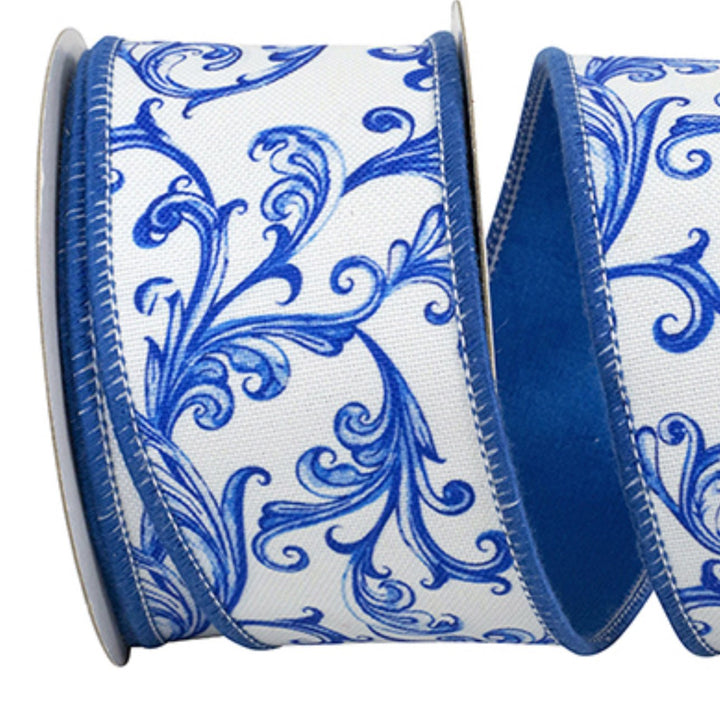 Blue Scroll Teracotta Print Wired Ribnon - Greenery Market94249W - 329 - 40D