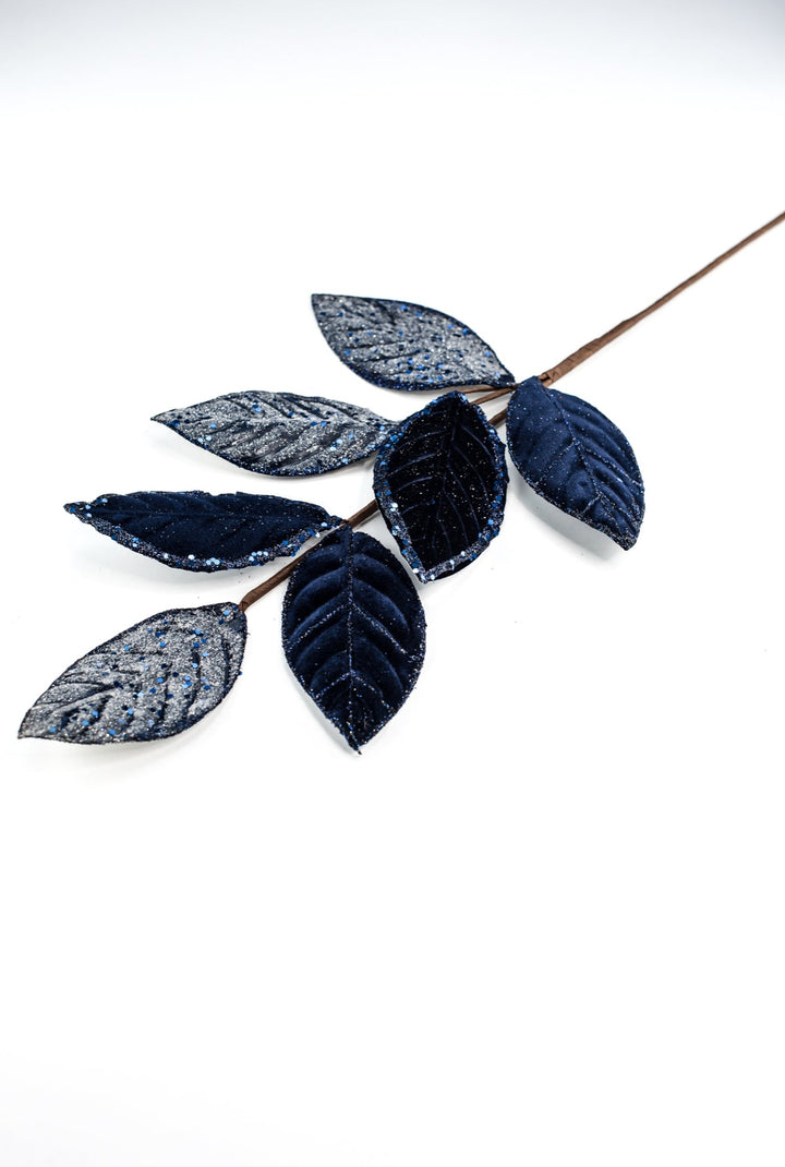 Blue velvet & glitter magnolia leaves spray - Greenery MarketXS230219
