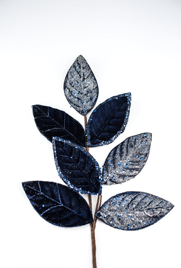 Blue velvet & glitter magnolia leaves spray - Greenery MarketXS230219