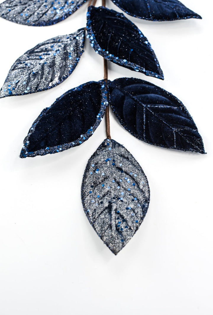 Blue velvet & glitter magnolia leaves spray - Greenery MarketXS230219