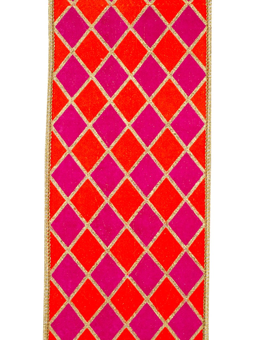 Bright Pink and Orange Harlequin Wired Ribbon 4” - Greenery Market94512W - 735 - 10D