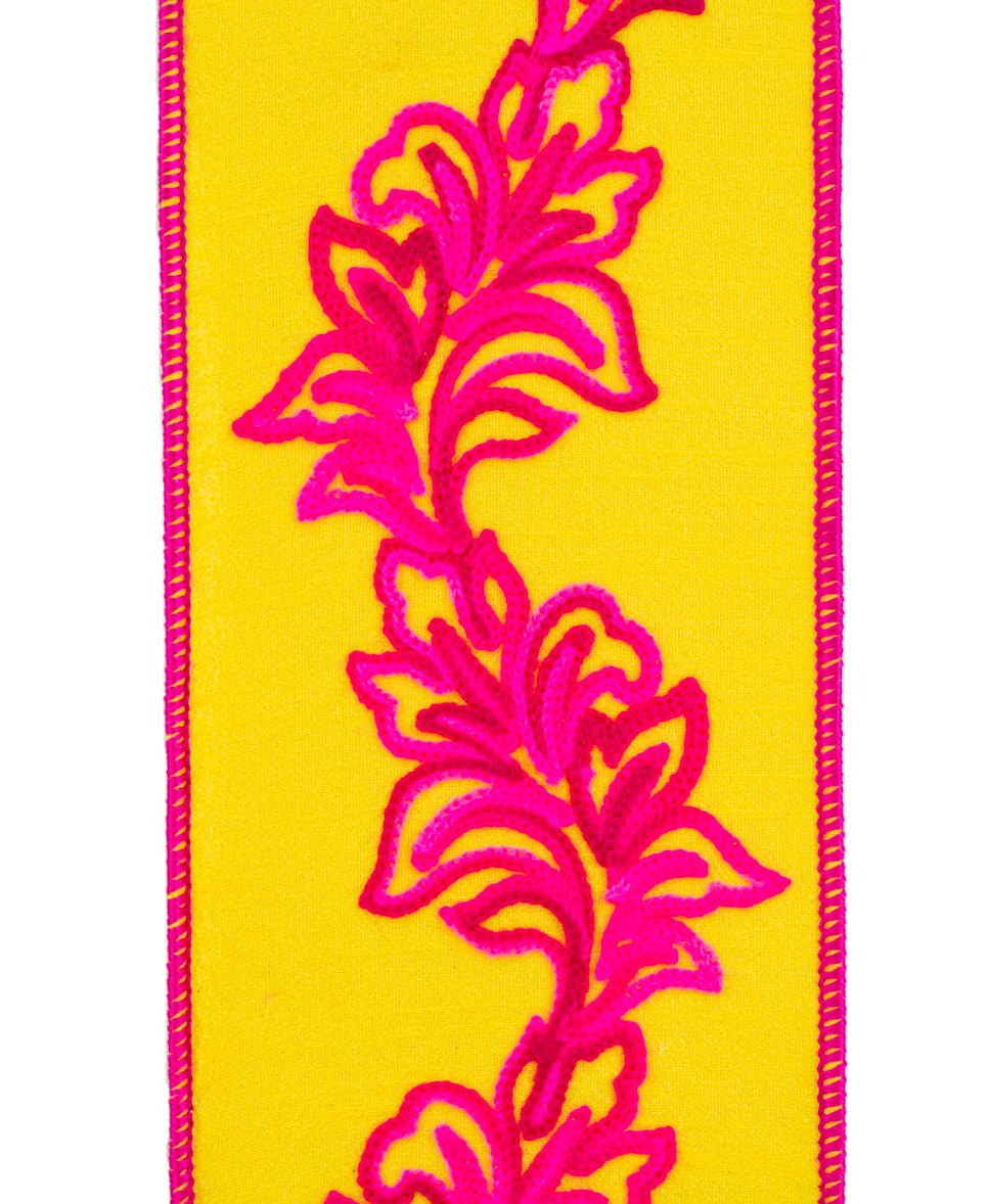 Bright Pink and Yellow Embroidered Wired Ribbon 4” - Greenery Market94315W - 845 - 10D