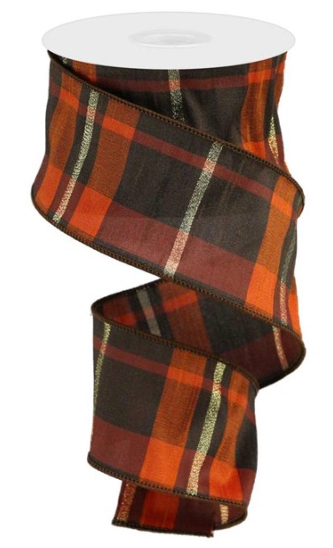 Brown and orange plaid faux dupioni 2.5” - Greenery MarketWired ribbonRGA125656