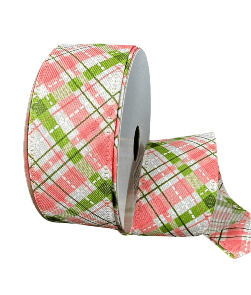 Coral and green plaid wired ribbon 1.5” - Greenery Marketwired ribbon46512 - 09 - 46