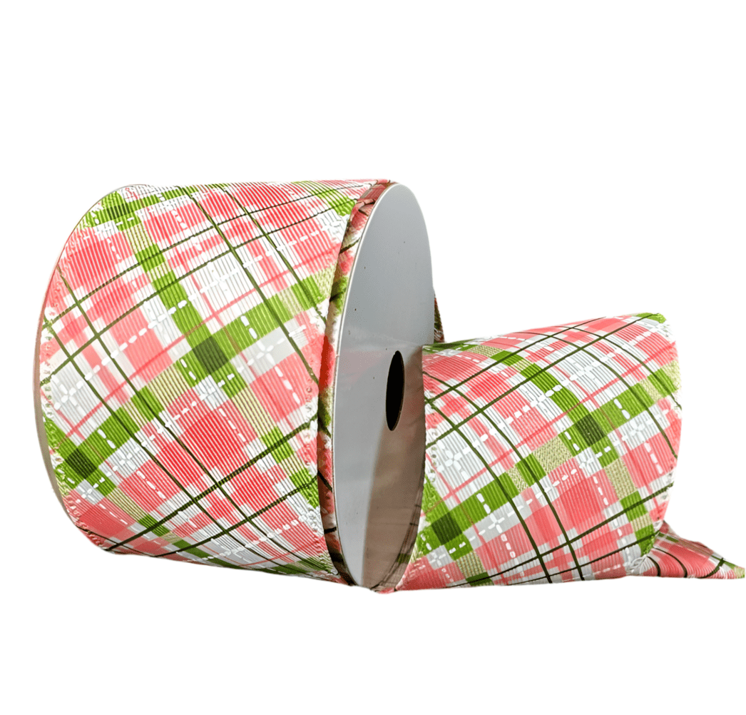 Coral and green plaid wired ribbon 2.5” - Greenery Marketwired ribbon46512 - 40 - 46