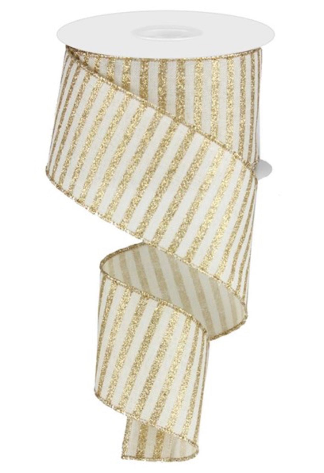 Cream and gold glitter stripe wired ribbon 2.5” - Greenery MarketRibbons & TrimRG0169264