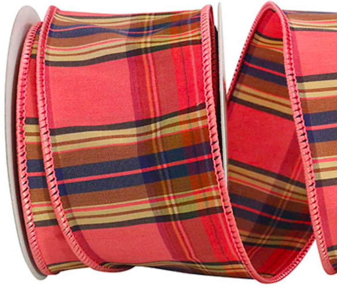 Dupioni Coral Plaid Wired Ribbon 2.5” Coral - Greenery Market93093W - 907 - 40F