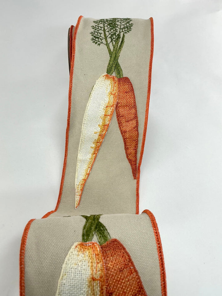 Embroidered Carrot wired ribbon 4” - Greenery MarketWired ribbonRW4100 - BE/MX