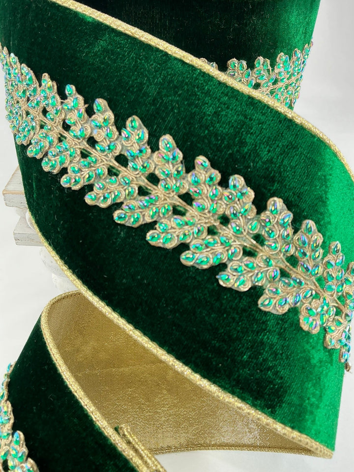 Emerald green enchanted vines crystal 4” farrisilk wired ribbon - Greenery MarketRibbons & TrimRK744 - 55