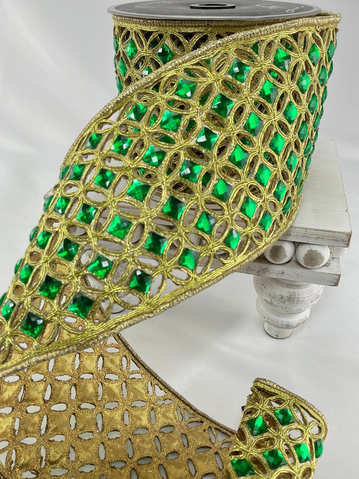 Emerald green, Farrisilk diamond lace tree ribbon - 4” - Greenery Marketwired ribbonRG240 - 56