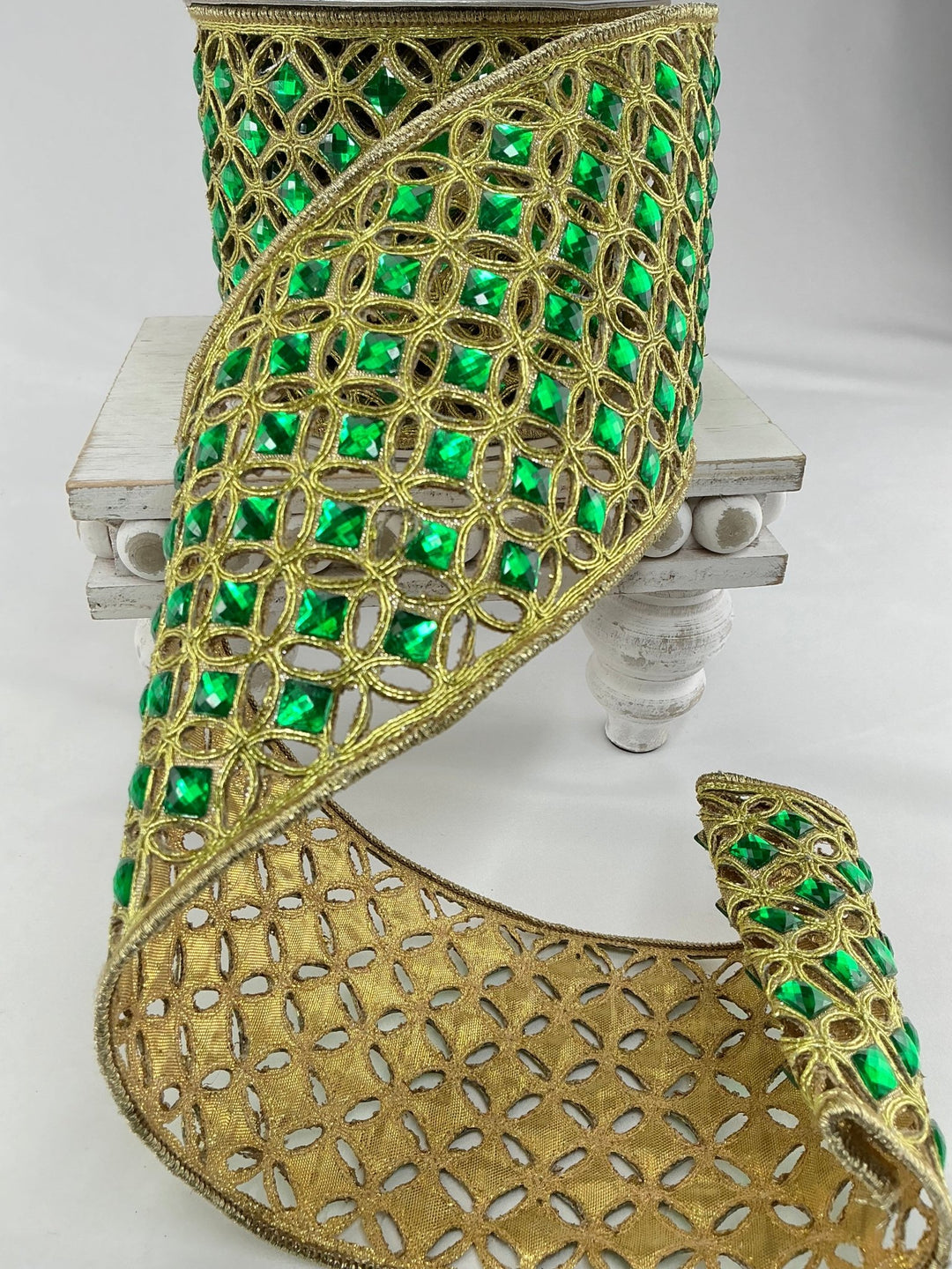 Emerald green, Farrisilk diamond lace tree ribbon - 4” - Greenery Marketwired ribbonRG240 - 56