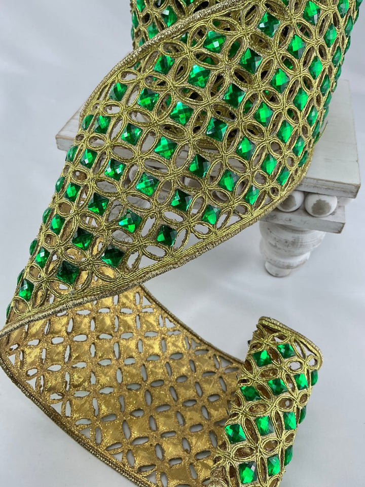 Emerald green, Farrisilk diamond lace tree ribbon - 4” - Greenery Marketwired ribbonRG240 - 56