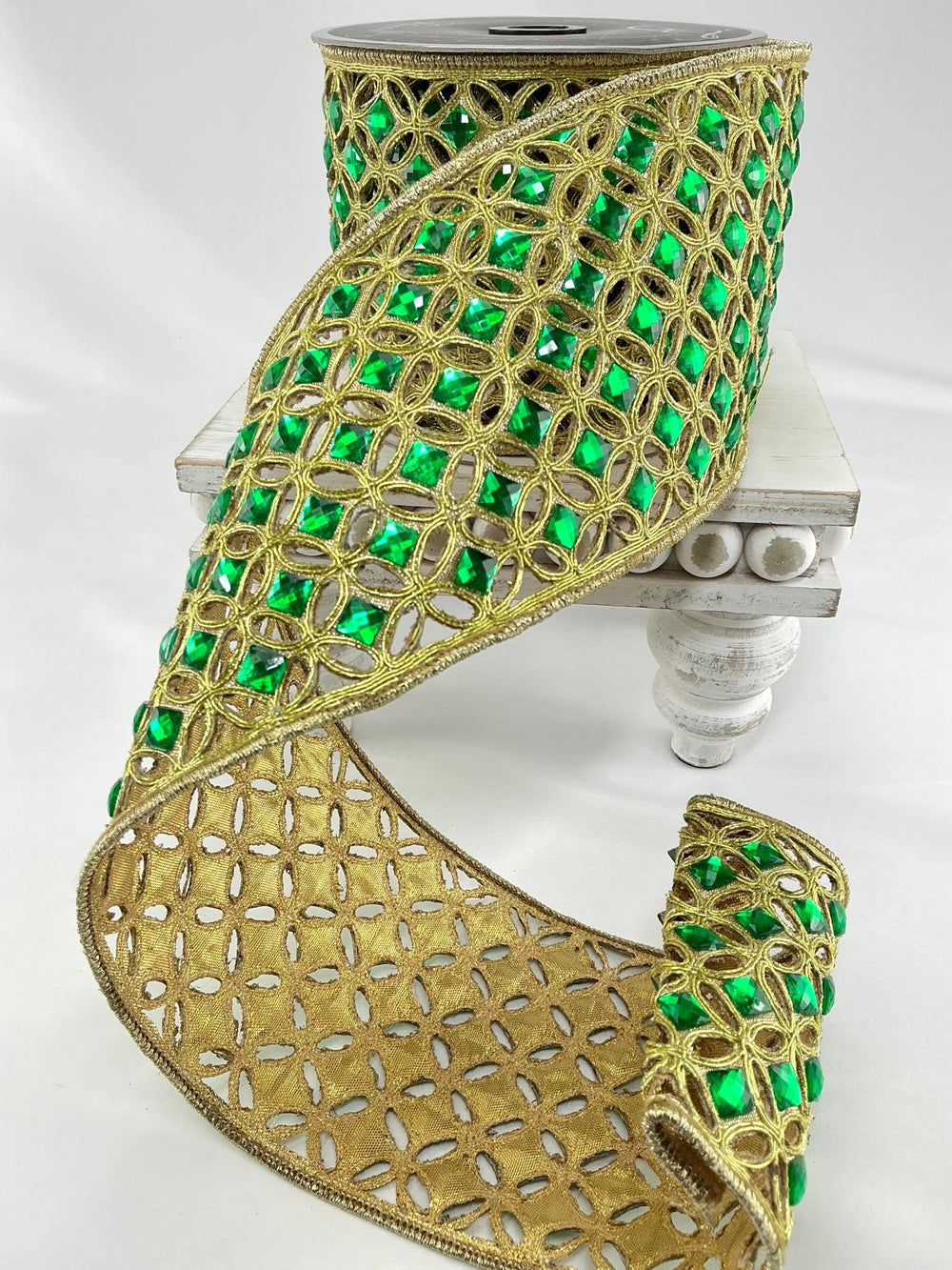 Emerald green, Farrisilk diamond lace tree ribbon - 4” - Greenery Marketwired ribbonRG240 - 56