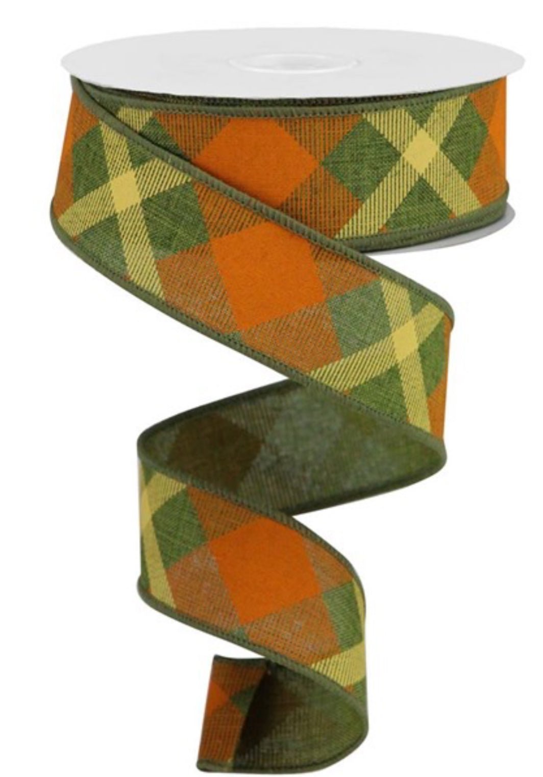 Fall Diagonal plaid wired ribbon -moss green/ orange 1.5” - Greenery MarketWired ribbonRG01682MX