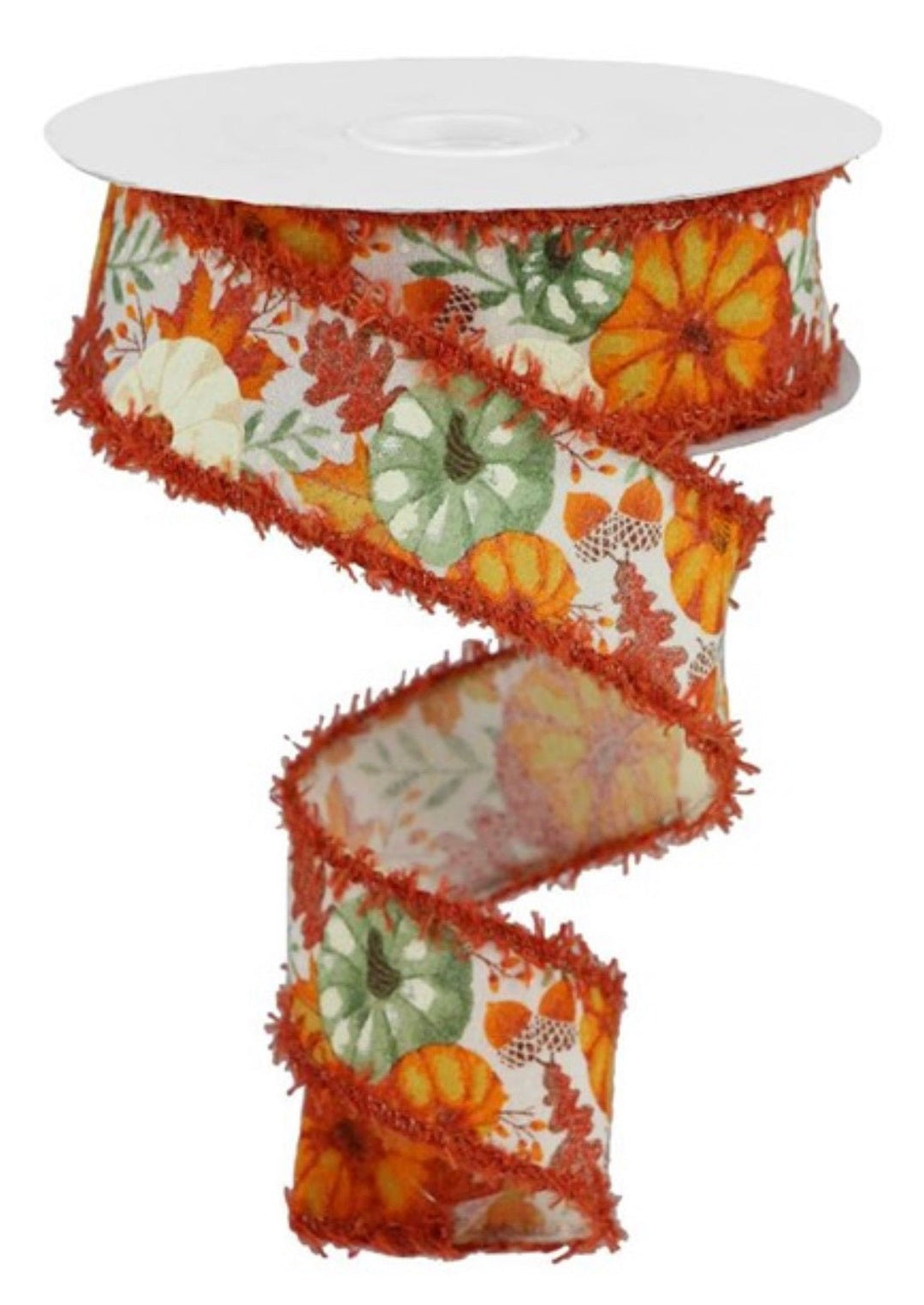 Fall ivory with pumpkin and acorns with fluffy edge 1.5” - Greenery MarketWired ribbonRG0837130