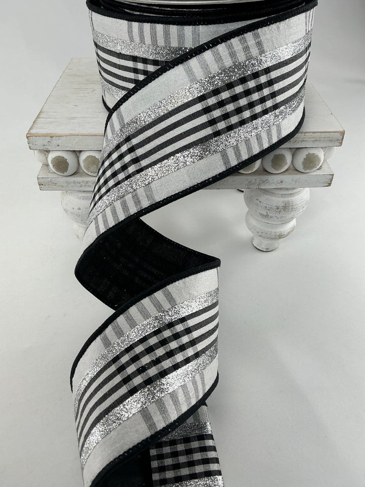 Farrisilk Black and White glitzy plaid 2.5” wired ribbon - Greenery MarketRibbons & TrimRG633 - 53