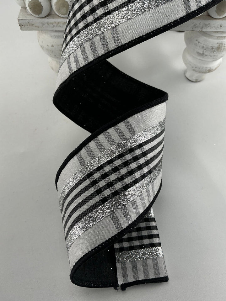 Farrisilk Black and White glitzy plaid 2.5” wired ribbon - Greenery MarketRibbons & TrimRG633 - 53