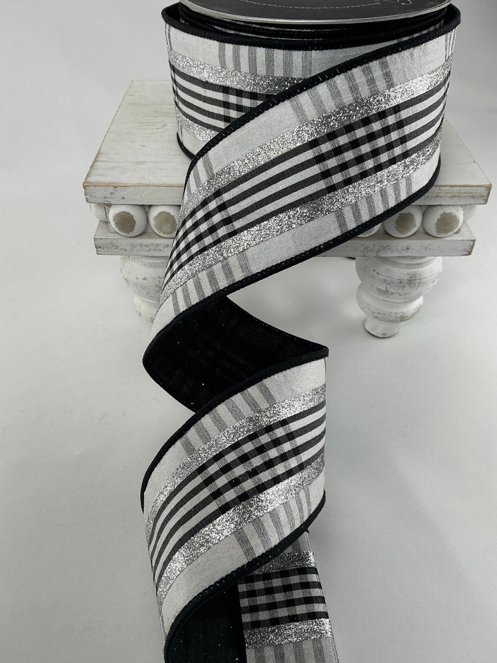 Farrisilk Black and White glitzy plaid 2.5” wired ribbon - Greenery MarketRibbons & TrimRG633 - 53
