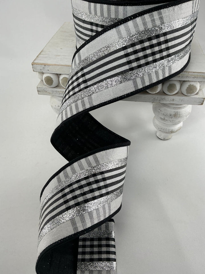 Farrisilk Black and White glitzy plaid 2.5” wired ribbon - Greenery MarketRibbons & TrimRG633 - 53