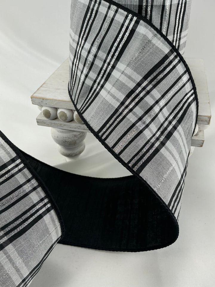 Farrisilk Black and White preppy plaid 4” wired ribbon - Greenery MarketRibbons & TrimRk633 - 92