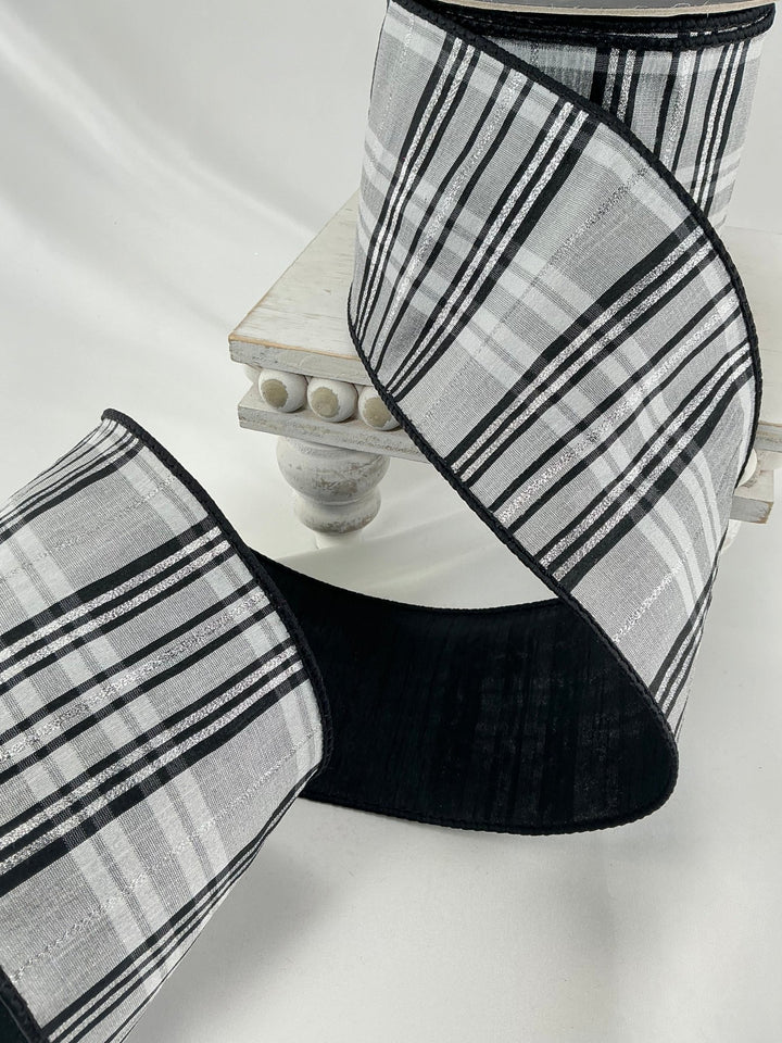 Farrisilk Black and White preppy plaid 4” wired ribbon - Greenery MarketRibbons & TrimRk633 - 92