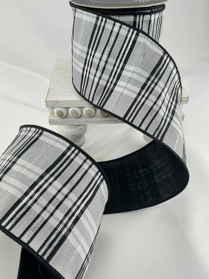 Farrisilk Black and White preppy plaid 4” wired ribbon - Greenery MarketRibbons & TrimRk633 - 92
