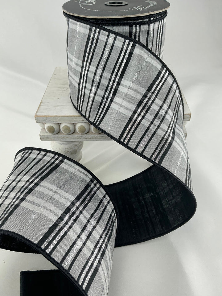 Farrisilk Black and White preppy plaid 4” wired ribbon - Greenery MarketRibbons & TrimRk633 - 92