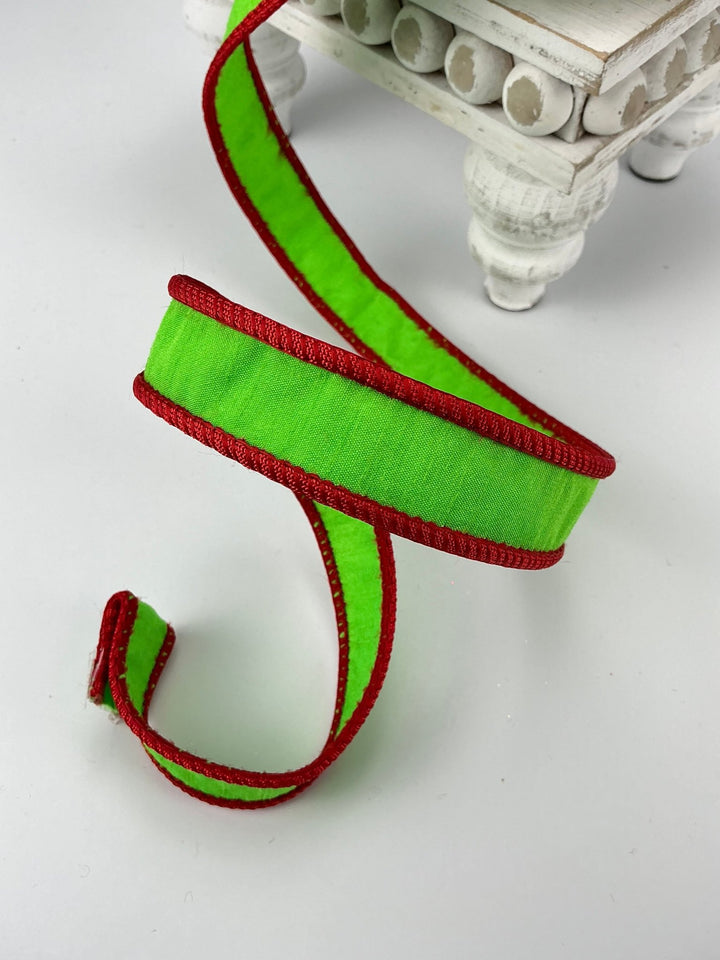 Farrisilk Bright green with red cord edge 1” wired ribbon - Greenery MarketRibbons & TrimRK533 - 48