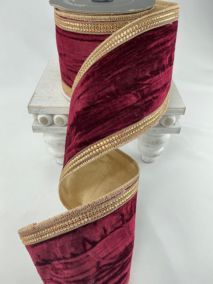 Farrisilk burgundy velvet distressed diamonds wired ribbon - 4” - Greenery Marketwired ribbonRC179 - 11