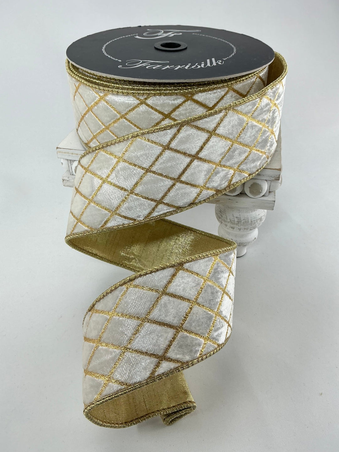 Farrisilk cream velvet w/ gold diamonds 2.5” ribbon - Greenery Marketwired ribbonRG453 - 62
