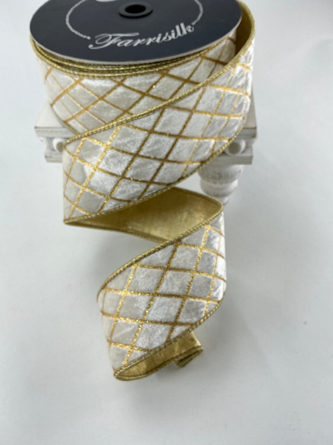 Farrisilk cream velvet w/ gold diamonds 2.5” ribbon - Greenery Marketwired ribbonRG453 - 62