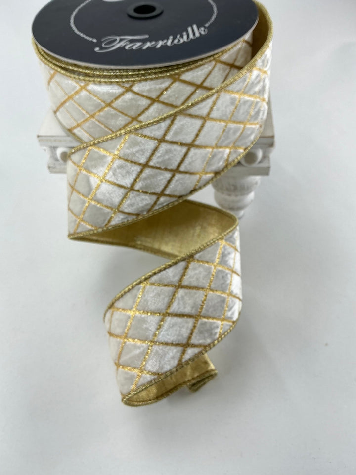 Farrisilk cream velvet w/ gold diamonds 2.5” ribbon - Greenery Marketwired ribbonRG453 - 62