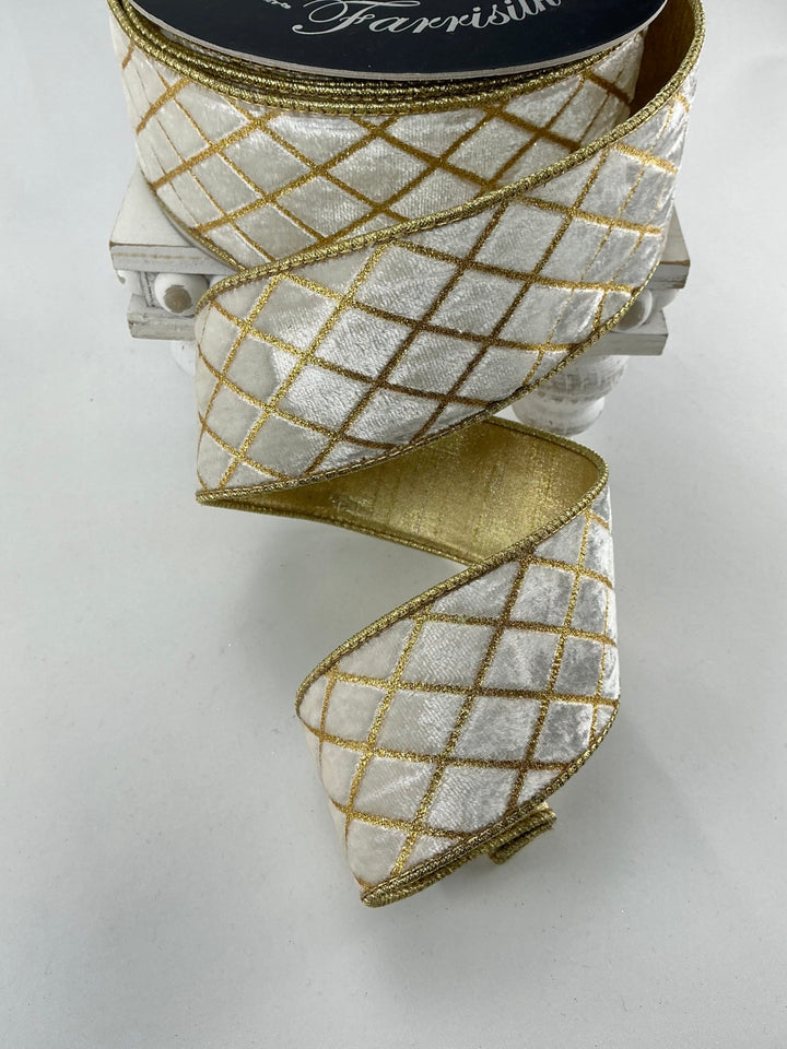 Farrisilk cream velvet w/ gold diamonds 2.5” ribbon - Greenery Marketwired ribbonRG453 - 62